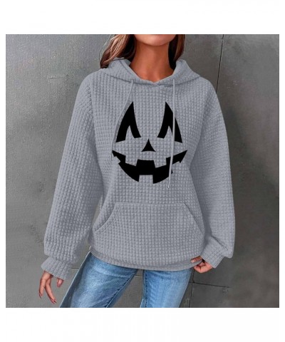 Waffle Knit Halloween Casual Hoodie Fall Sweatshirt with Pocket Fall Fashion Tops for Women Comfy Lightweight Outfits 2-gray ...