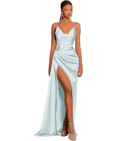 Satin Strapless V-Neck Long Prom Dress Tight Ruched Formal Party Dress Light Blue $22.00 Dresses