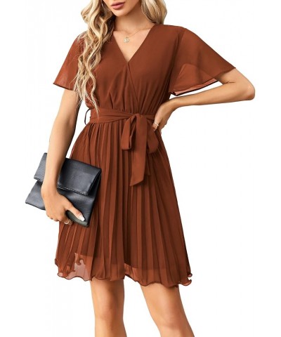 Women Wedding Guest Dress Short/Long Sleeve Wrap Elegant Short Dress Casual V Neck Pleated Mini Dress with Belt S-XXL B-brown...