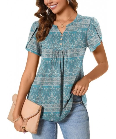 Womens Casual Summer Top V Neck Loose Tunic Button Ruffle Sleeve Pleated Blouses Blue-khaki $11.99 Blouses