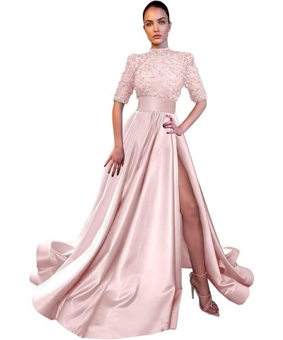 Sparkly Sequin Prom Dresses for Women Slit 2024 Half Sleeve Satin Long Ball Gown Formal Evening Gowns Light Pink $41.24 Dresses