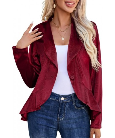 Womens Casual Blazer 3/4 Sleeve Open Front Ruffle Work Office Cardigan Suit Jacket Velvet-wine Red $19.50 Blazers