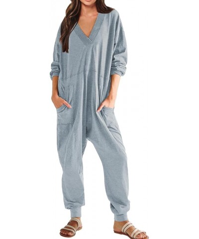 Women's Onesie Jumpsuits Long Sleeve V Neck Rompers Baggy Overalls Pajamas Long Wide Leg Pants Jumpers with Pocket Blue $9.51...