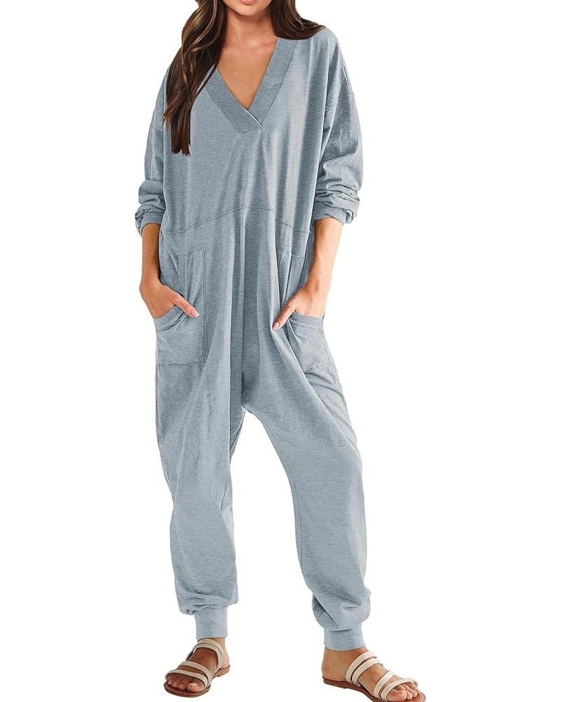 Women's Onesie Jumpsuits Long Sleeve V Neck Rompers Baggy Overalls Pajamas Long Wide Leg Pants Jumpers with Pocket Blue $9.51...