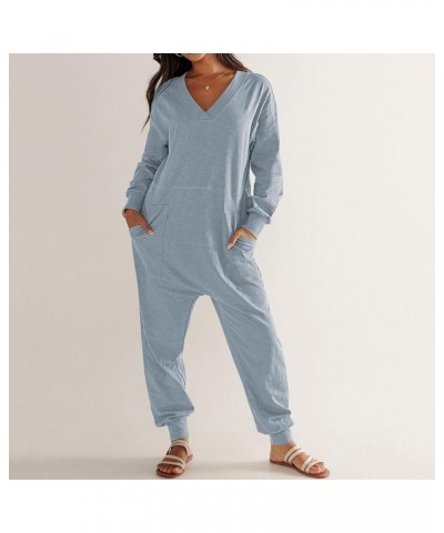 Women's Onesie Jumpsuits Long Sleeve V Neck Rompers Baggy Overalls Pajamas Long Wide Leg Pants Jumpers with Pocket Blue $9.51...