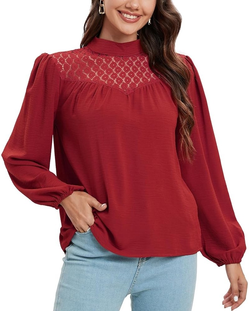 Womens Dressy Casual Tops Puff Long Sleeve Shirts Mock Neck Lace Crochet Loose Fit Blouses Burgundy $14.24 Blouses