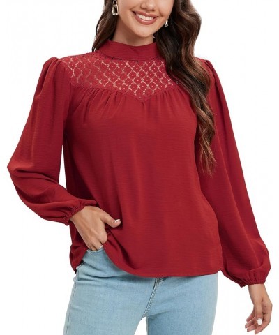 Womens Dressy Casual Tops Puff Long Sleeve Shirts Mock Neck Lace Crochet Loose Fit Blouses Burgundy $14.24 Blouses