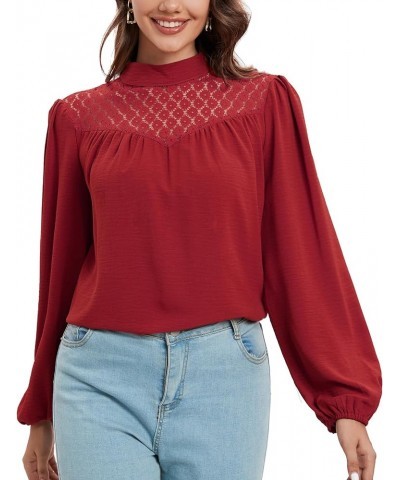 Womens Dressy Casual Tops Puff Long Sleeve Shirts Mock Neck Lace Crochet Loose Fit Blouses Burgundy $14.24 Blouses