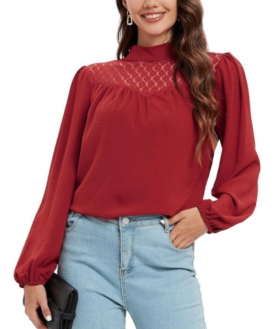 Womens Dressy Casual Tops Puff Long Sleeve Shirts Mock Neck Lace Crochet Loose Fit Blouses Burgundy $14.24 Blouses