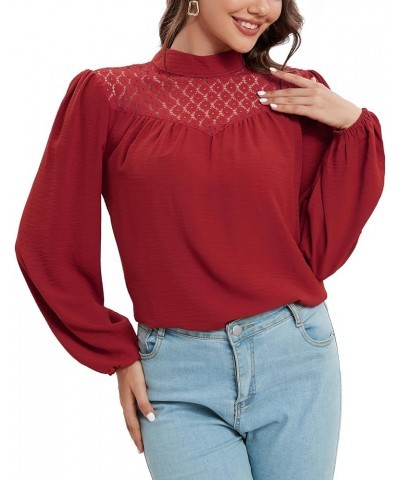 Womens Dressy Casual Tops Puff Long Sleeve Shirts Mock Neck Lace Crochet Loose Fit Blouses Burgundy $14.24 Blouses