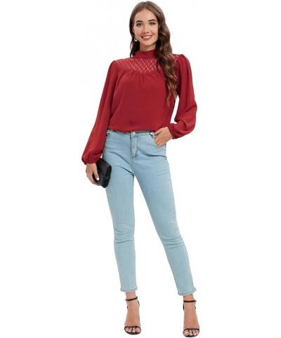 Womens Dressy Casual Tops Puff Long Sleeve Shirts Mock Neck Lace Crochet Loose Fit Blouses Burgundy $14.24 Blouses