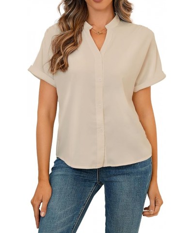 Women Short Sleeve Work Tops V Neck Button Down Office Business Casual Blouses Dressy Shirts S-XXL Apricot $14.68 Blouses