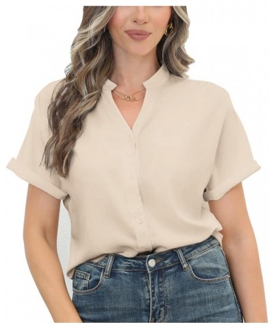 Women Short Sleeve Work Tops V Neck Button Down Office Business Casual Blouses Dressy Shirts S-XXL Apricot $14.68 Blouses