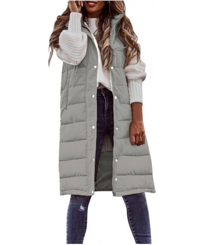 Womens Long Puffer Vest Jacket Solid Sleveless Hooded Long Vest Outerwear Zipper Down Coats Trendy Tops With Pockets Grey $18...