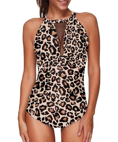 Women One Piece Swimsuit High Neck Plunge Ruched Tummy Control Bathing Suit Leopard 2 $14.00 Swimsuits