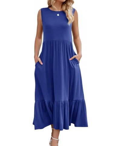 Women Summer Sleeveless Casual Sundress Crewneck Flowy Tiered Maxi Dress with Pockets Royalblue $11.34 Dresses