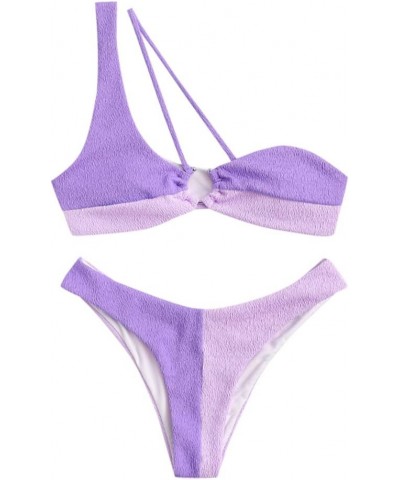 Women's Textured One Shoulder Two Tone Cheeky Two Piece Bikini Set Swimwear B-light Purple $20.39 Swimsuits