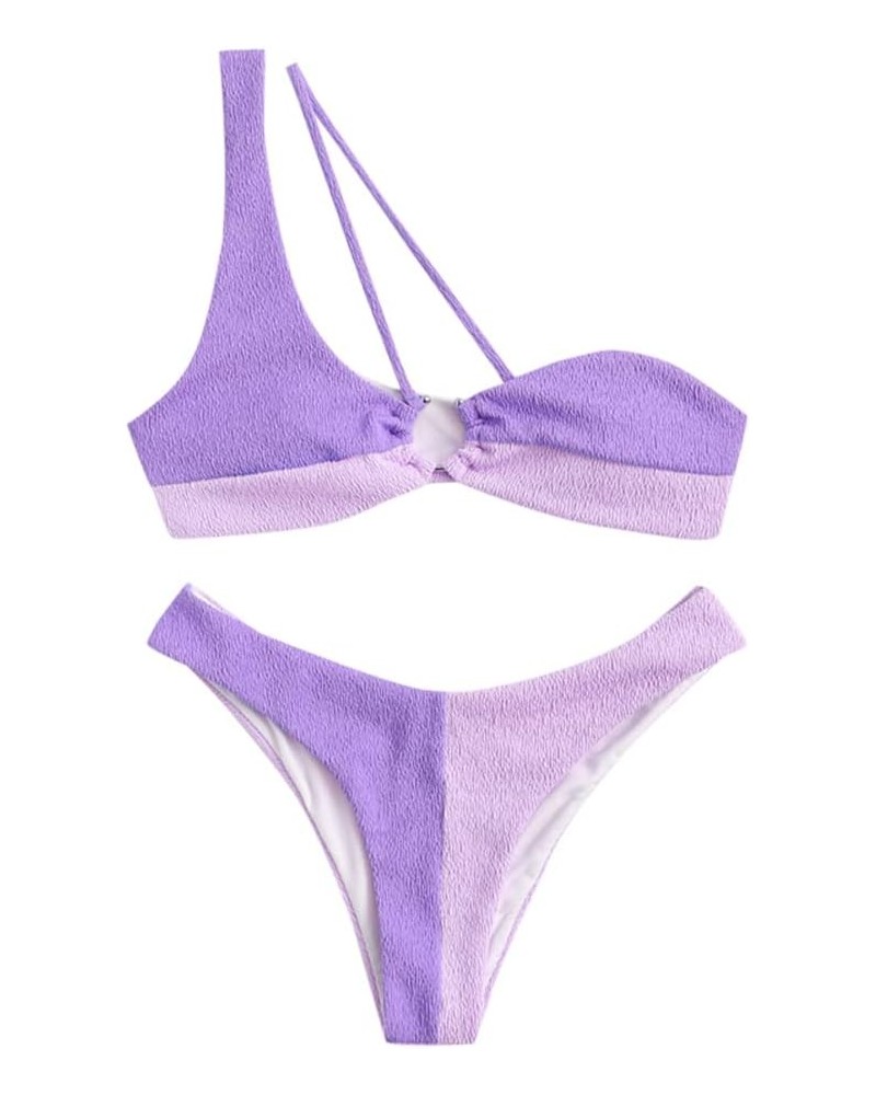 Women's Textured One Shoulder Two Tone Cheeky Two Piece Bikini Set Swimwear B-light Purple $20.39 Swimsuits