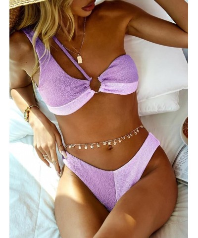 Women's Textured One Shoulder Two Tone Cheeky Two Piece Bikini Set Swimwear B-light Purple $20.39 Swimsuits