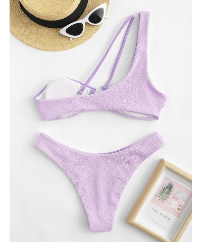 Women's Textured One Shoulder Two Tone Cheeky Two Piece Bikini Set Swimwear B-light Purple $20.39 Swimsuits