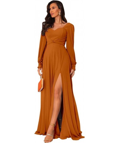 Long Sleeve Bridesmaid Dresses with Slit A Line Pleated Chiffon Formal Evening Gowns for Women Burnt Orange $32.44 Dresses