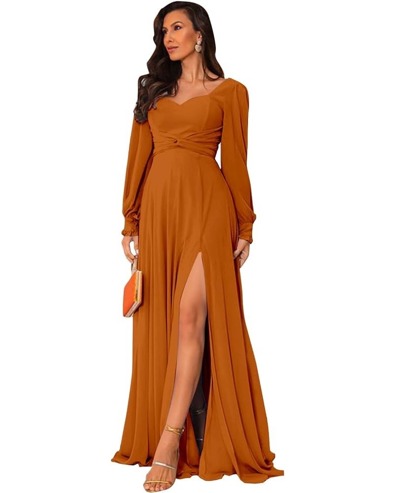 Long Sleeve Bridesmaid Dresses with Slit A Line Pleated Chiffon Formal Evening Gowns for Women Burnt Orange $32.44 Dresses