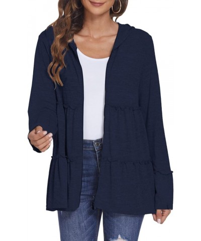 Full Zip Up Hoodie for Women Pleated Tiered Ruffle Hooded Sweatshirts Jacket Coat Long Sleeve Navy Blue $12.39 Jackets