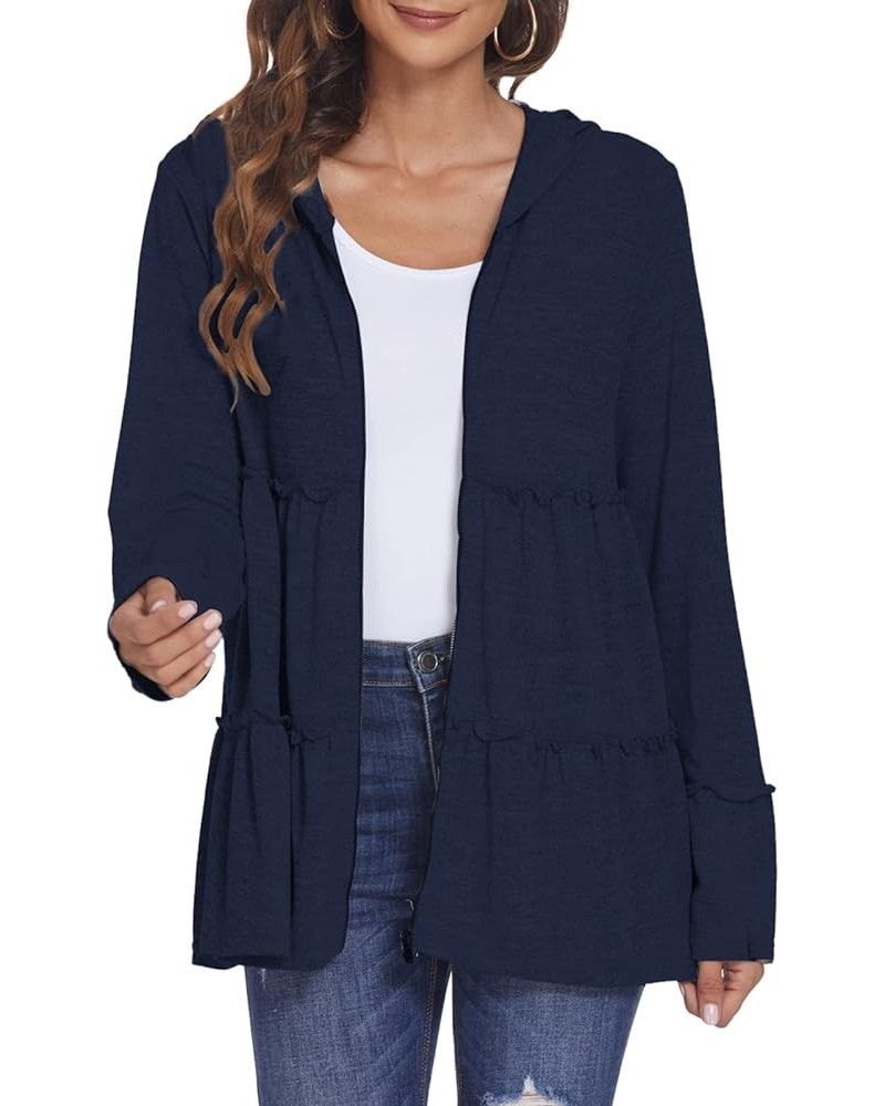 Full Zip Up Hoodie for Women Pleated Tiered Ruffle Hooded Sweatshirts Jacket Coat Long Sleeve Navy Blue $12.39 Jackets