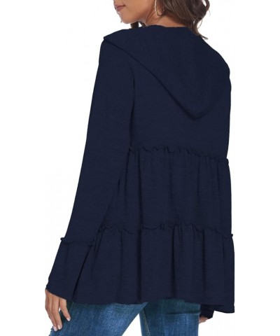 Full Zip Up Hoodie for Women Pleated Tiered Ruffle Hooded Sweatshirts Jacket Coat Long Sleeve Navy Blue $12.39 Jackets