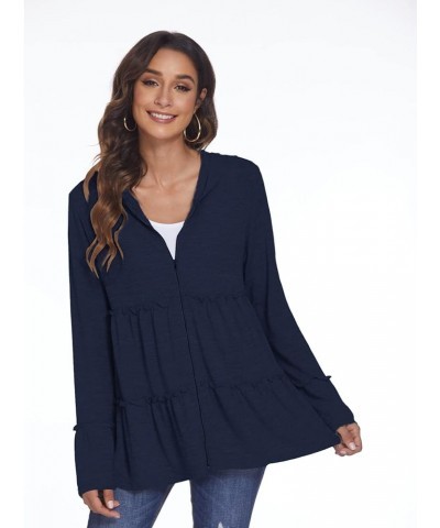 Full Zip Up Hoodie for Women Pleated Tiered Ruffle Hooded Sweatshirts Jacket Coat Long Sleeve Navy Blue $12.39 Jackets