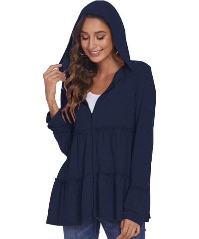 Full Zip Up Hoodie for Women Pleated Tiered Ruffle Hooded Sweatshirts Jacket Coat Long Sleeve Navy Blue $12.39 Jackets