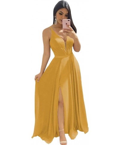 Chiffon Bridesmaid Dresses for Women Long V Neck Formal Dresses with Slit Formal Gowns Gold $27.50 Dresses