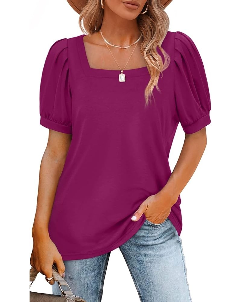 Women's Pleated Puff Sleeve Tops Square Neck Shirts Loose Fit S-3XL 0053-purple $10.00 Tops