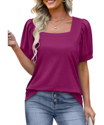 Women's Pleated Puff Sleeve Tops Square Neck Shirts Loose Fit S-3XL 0053-purple $10.00 Tops