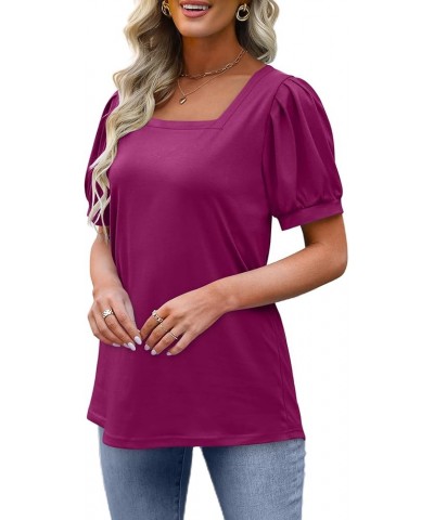 Women's Pleated Puff Sleeve Tops Square Neck Shirts Loose Fit S-3XL 0053-purple $10.00 Tops