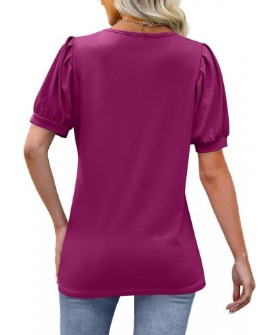 Women's Pleated Puff Sleeve Tops Square Neck Shirts Loose Fit S-3XL 0053-purple $10.00 Tops