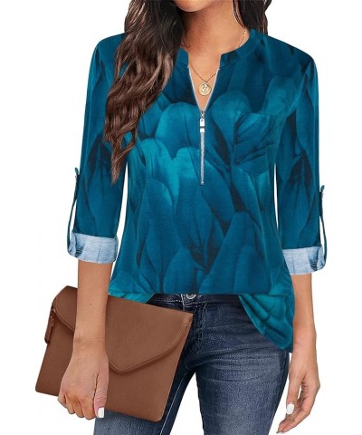 Women's 3/4 Sleeve V-Neck Casual Plaid Tunic Shirt B-peacock $11.75 Tops