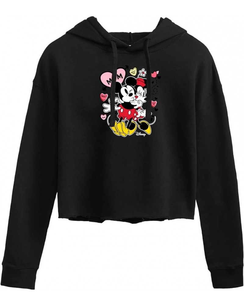 Mickey - Mickey Minnie Heart - Juniors Cropped Pullover Hoodie Black $16.19 Hoodies & Sweatshirts