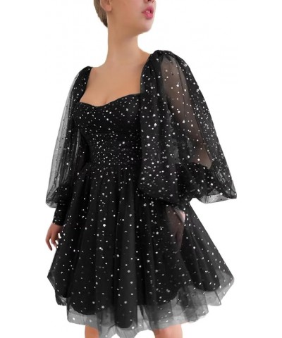 Sparkle Starry Tulle Homecoming Dress for Teens Puffy Sleeve Prom Dress Formal Evening Gowns with Pockets Black Silver $18.45...