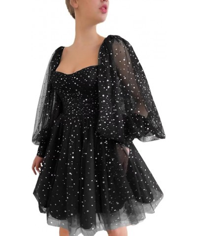 Sparkle Starry Tulle Homecoming Dress for Teens Puffy Sleeve Prom Dress Formal Evening Gowns with Pockets Black Silver $18.45...