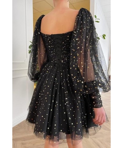 Sparkle Starry Tulle Homecoming Dress for Teens Puffy Sleeve Prom Dress Formal Evening Gowns with Pockets Black Silver $18.45...