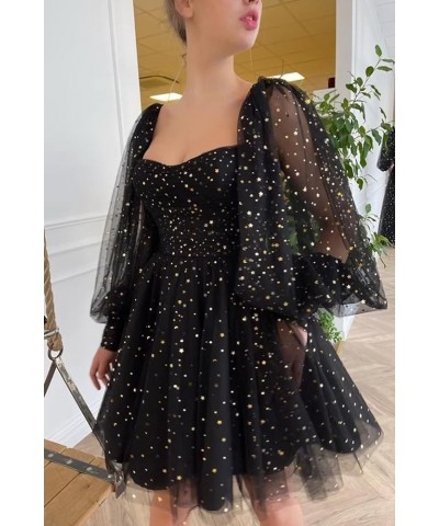 Sparkle Starry Tulle Homecoming Dress for Teens Puffy Sleeve Prom Dress Formal Evening Gowns with Pockets Black Silver $18.45...