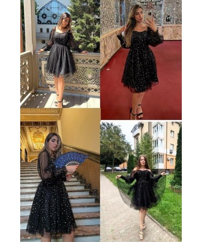 Sparkle Starry Tulle Homecoming Dress for Teens Puffy Sleeve Prom Dress Formal Evening Gowns with Pockets Black Silver $18.45...