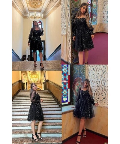 Sparkle Starry Tulle Homecoming Dress for Teens Puffy Sleeve Prom Dress Formal Evening Gowns with Pockets Black Silver $18.45...