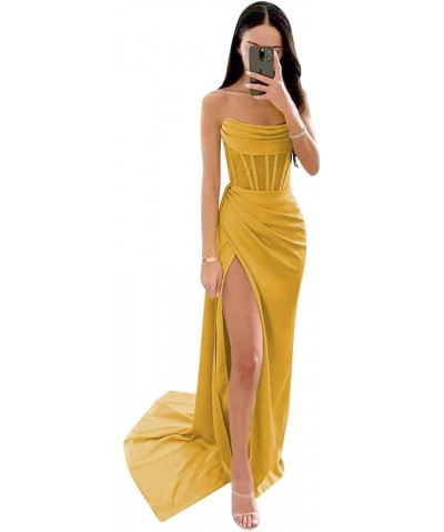 Women's Strapless Mermaid Prom Dresses Long Satin Ball Gown Ruched Corset Formal Evening Dress with Slit Gold $32.44 Dresses