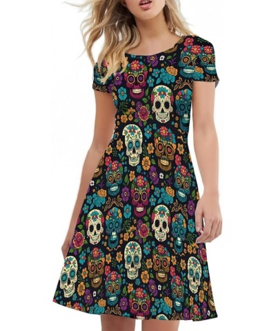 T Shirt Dress for Women Short Sleeve Girls Short Sleeve Dress Plus Size, O Neck Knee Length Midi Dress for Ladies Sugar Skull...