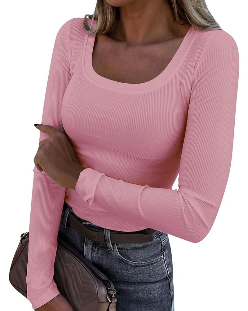 Long Sleeve Womens Casual Tops Ribbed Knit Shirts Scoop Neck Blouses for Work Solid Color Sweatshirts Slim Tops X38-pink $13....