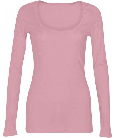 Long Sleeve Womens Casual Tops Ribbed Knit Shirts Scoop Neck Blouses for Work Solid Color Sweatshirts Slim Tops X38-pink $13....