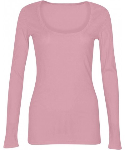 Long Sleeve Womens Casual Tops Ribbed Knit Shirts Scoop Neck Blouses for Work Solid Color Sweatshirts Slim Tops X38-pink $13....