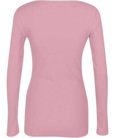 Long Sleeve Womens Casual Tops Ribbed Knit Shirts Scoop Neck Blouses for Work Solid Color Sweatshirts Slim Tops X38-pink $13....